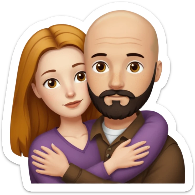Couple. Bald man with dark brown-black beard. White woman with many small, faded freckles, she has white skin and she has auburn-yellow-brown-cinnamon, dark long hair. She has light brown eyes. The man have hazel eyes. Retro style. They hug. sticker