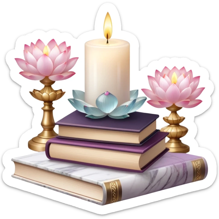 Aesthetic candles, flower petals, books, marble stand, crystal stones, lotus, feathers, zen, decoration, meditation,  sticker