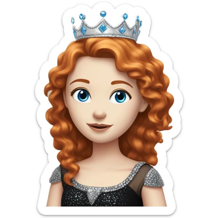 Beautiful girl with redhair, pale skin and bright blue eyes. She wears a sparkly black dress and a silver crown  sticker