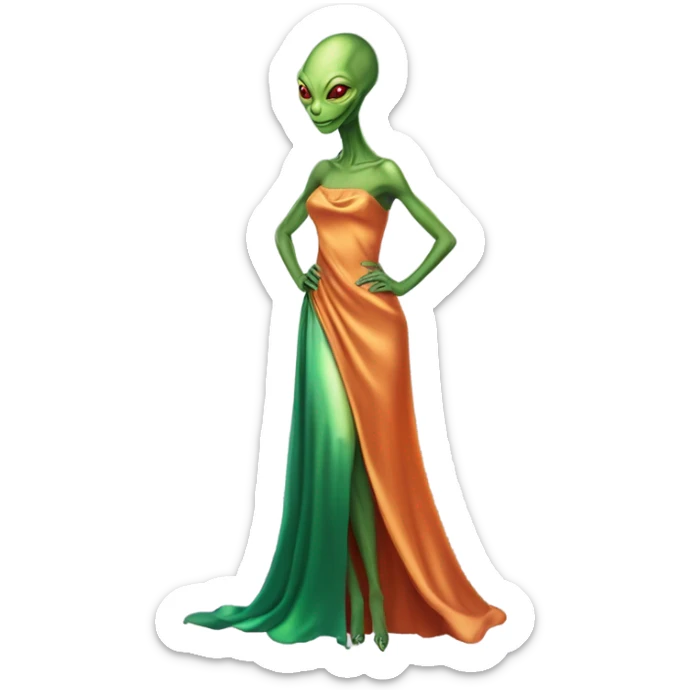 reptilian green alien woman, in long slim pastel orange formal party satin dress with gradient shiny sparkling dark red, full figure, full body sticker