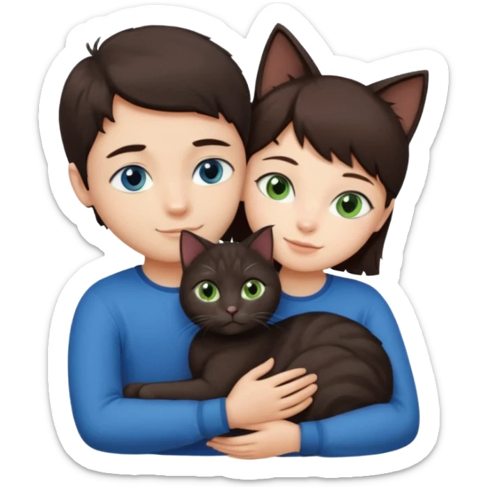 Crea un emoji donde salga un chico de pelo moreno con los ojos claros, una chica de pelo morena con los ojos marrones y UN gato europeo comun de pelaje oscuro y ojos verde claro, quiero que se esten abrazando el chico y la chica, y el gato este en el medio de los dos sticker