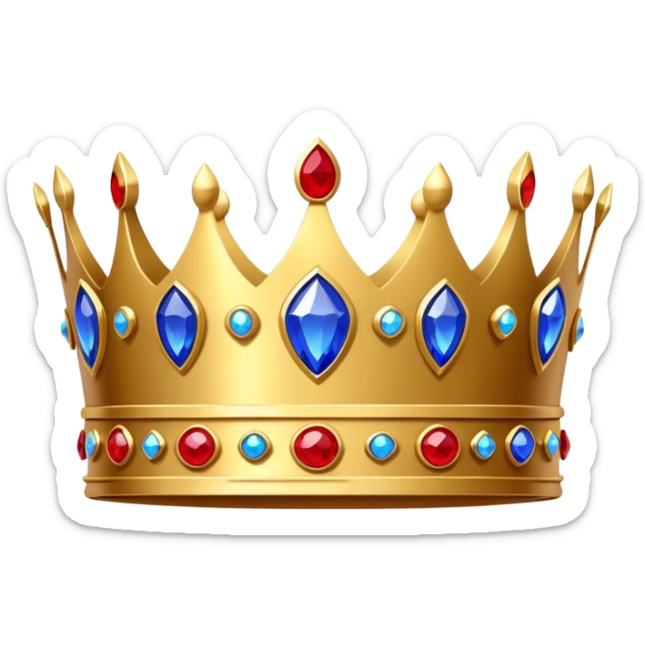 An emoji of a royal crown. A golden crown decorated with red and blue jewels, shiny and elegant, with a classic regal design symbolizing royalty, power, and leadership sticker