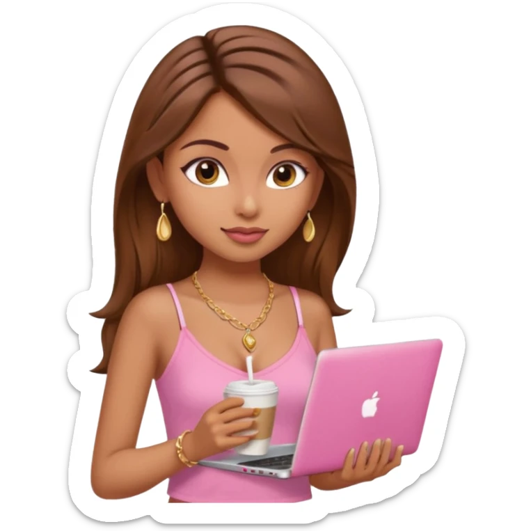 a pretty fair indian bratz girl with brown hair. with a pink cami top, drinking takeaway brown coffee, golden dainty necklace and carrying a white laptop sticker