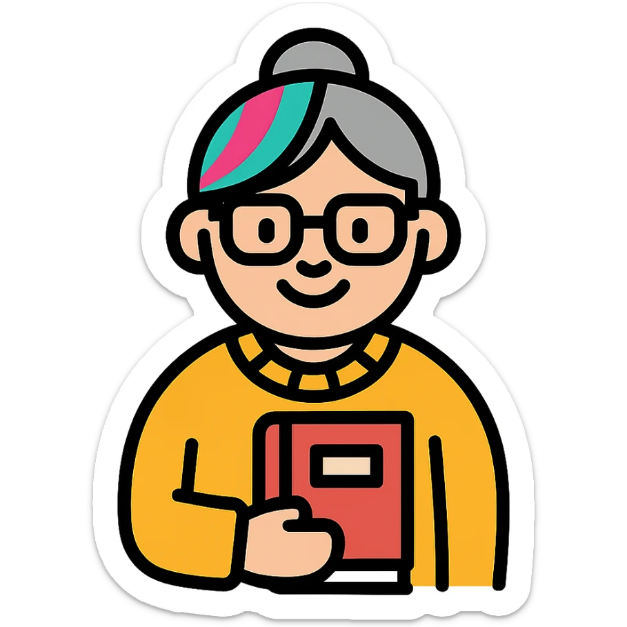 Gen Z style librarian granny with colorful hair streaks, trendy glasses, oversized sweater, holding a book, color outline icon sticker