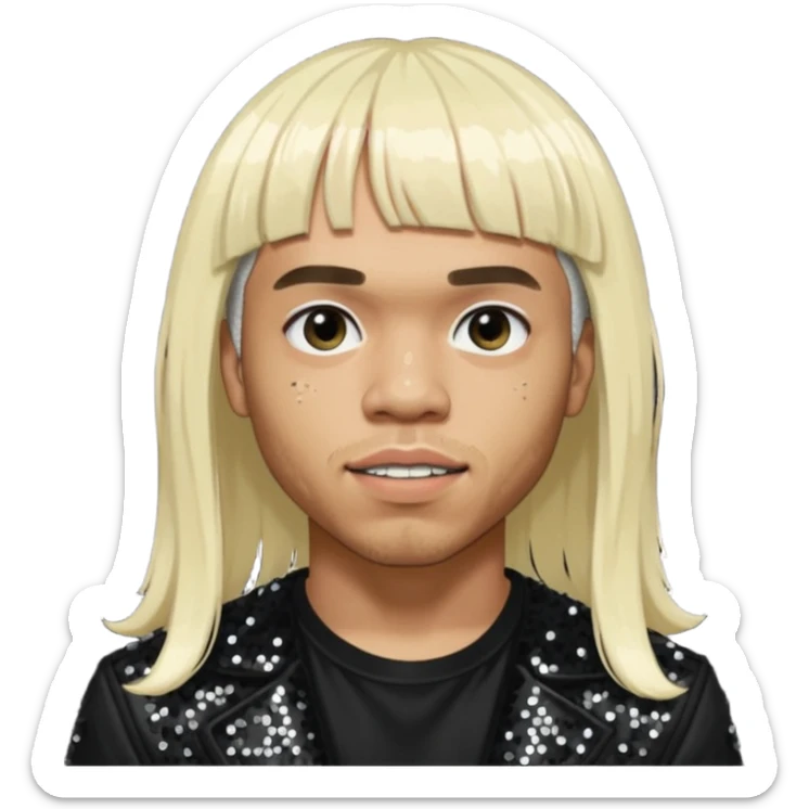 Anderson Paak with long platinum blonde hair with bang, black sequin outfit sticker