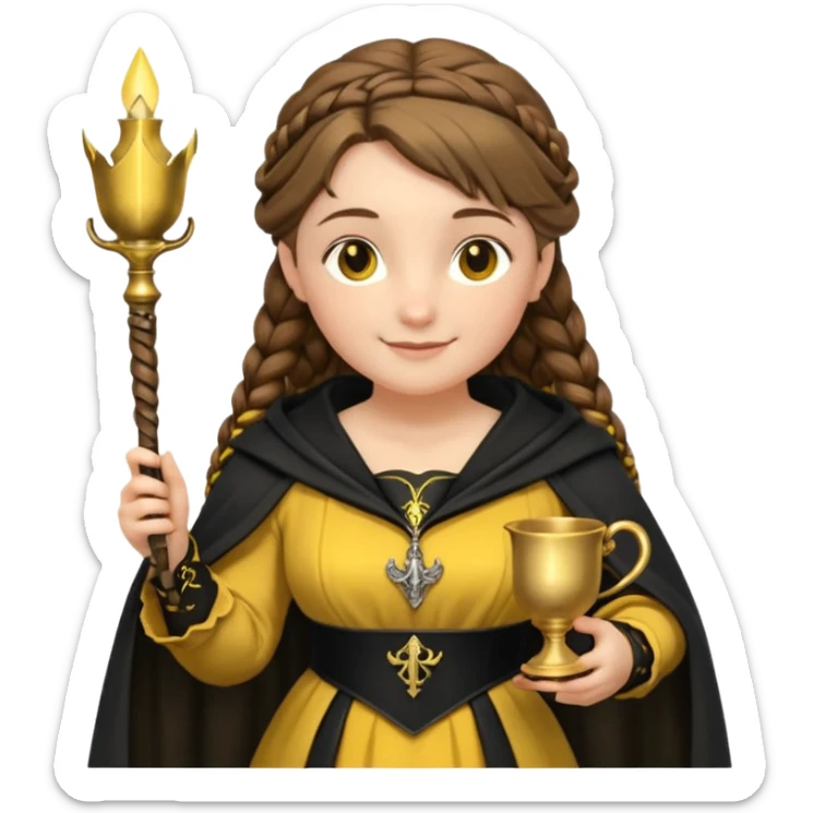 Helga Hufflepuff,the Hogwarts founder of Hufflepuff,brown-haired,2braids,yellow-black medieval dress with black cloak decorated with gold braiding,flickering magic wand and tiny two-handled shiny gold cup engraved with the badger silhouette,very kind smile,curvy busty sweet  sticker