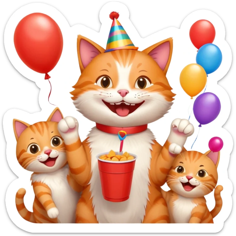 cat laughing with friends, surrounded by balloons and snacks, college party scene sticker