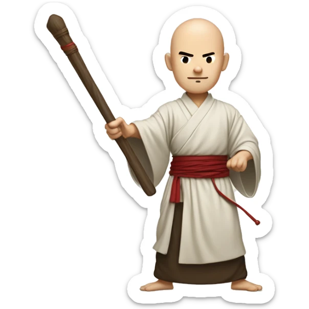 An illustration of a bald monk in traditional robes, mid-action, wielding a wooden staff. He strikes with precision, showing focus and strength. The style is cartoon-like, with a minimal background hinting at a temple or dojo sticker