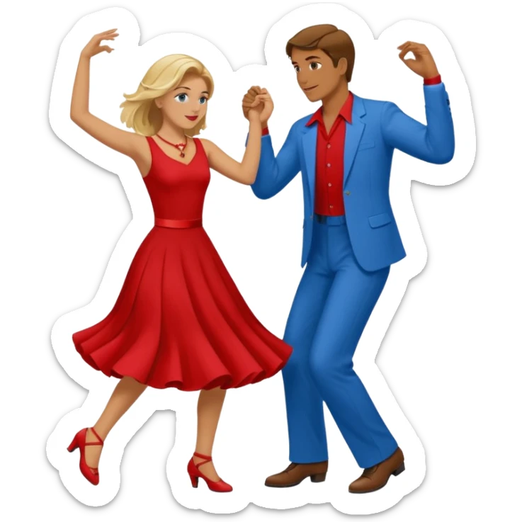 Two people. Man  wearing all red  with brown hair. Women iall blue with blond hair. Swing Dancing.  sticker