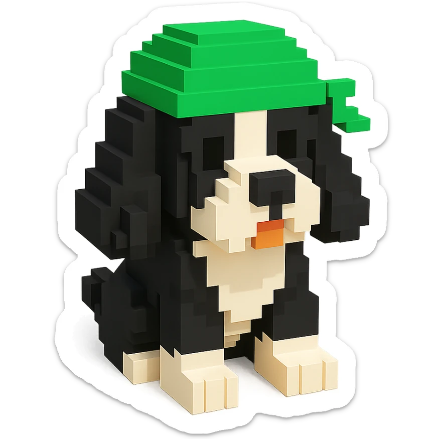 A black and white Russian Cocker Spaniel puppy wearing a green durag, voxel style, sitting sticker