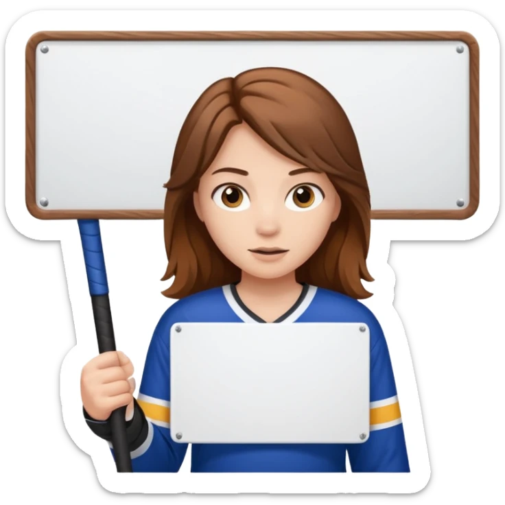 Girl hockey fan with brown long hair holding a large blank sign sticker