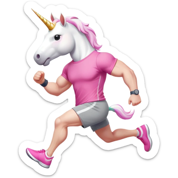 friendly anthropomorphised male white unicorn with a fit, chunky, muscular and strong physique, arms and legs matching the white of the head, in grey shorts and pink t-shirt, wearing dark sunglasses, jogging upright in a relaxed pose sticker