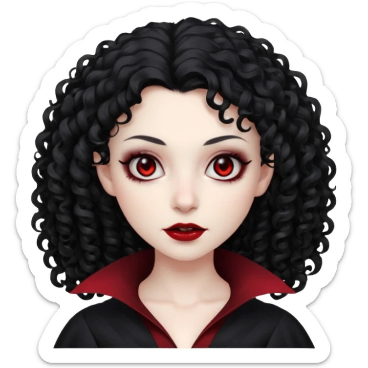 cabelos cacheados pretos, corte em camadas, pele pálida, olhos vermelhos escuros, vampiro, sexo feminino sticker