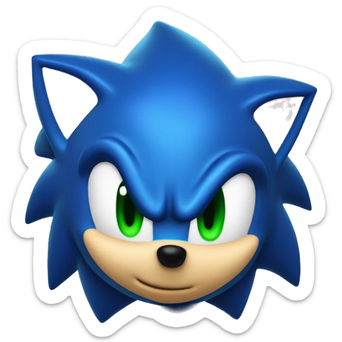 Sonic the Hedgehog,a blue hedgehog with green eyes and blue fur he has 3 spines in the middle 2 up and down he has a smirk and a black round nose sticker