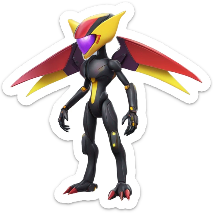 a shiny black-purple-red-yellow Genesect-Flygon-Raptor-Fakémon-Medabot-hybrid with a futuristic visor-helmet full body sticker