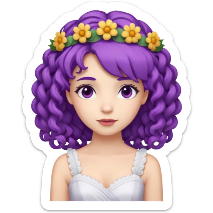 Princesses with Flower Crown in curly Purple Hair, white dress sticker