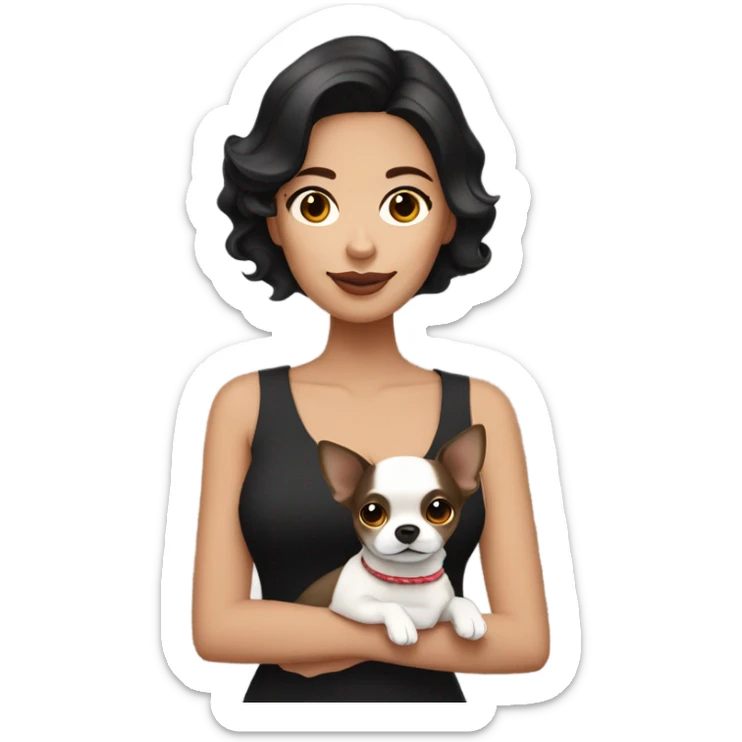 Wavy dark brown short hair Filipino lady with black and white Chihuahua  sticker