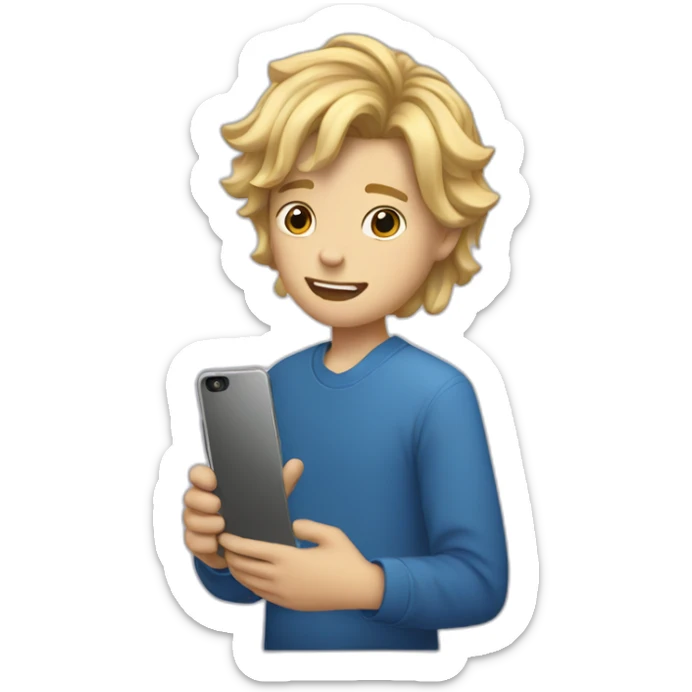 a 13-year-old guy with a curtain hairstyle and blond hair, holding a phone in his hands sticker