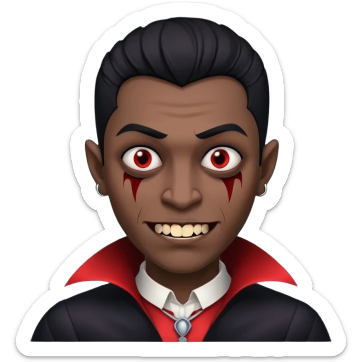 black skinned person with black hair low taper fade with vampire teeth with cuts on their face sticker