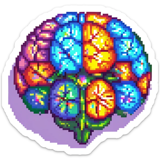 Add a colorful, vibrant core to the brain, making the center of the crystal brain glow with multiple bright colors, in pixel art style, with no background. sticker