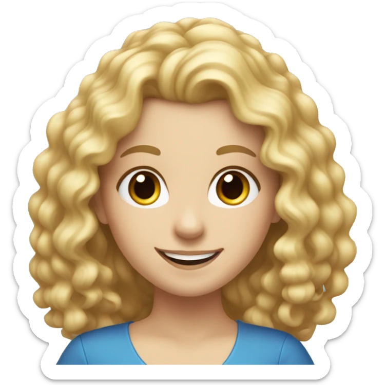 Smiling white girl, with blonde curly long hair, in blue dress  sticker