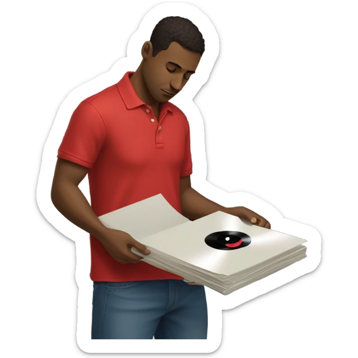 brunette man wearing red polo and baggy jeans looking at records sticker