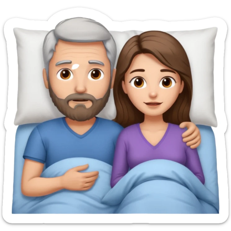Man with grey hair an beard, and woman with long brown hair naked in bed sticker