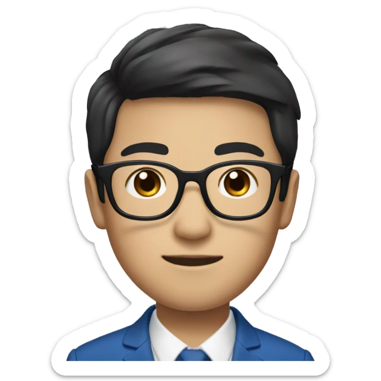Asian boy with fair skin, short black 2:8 hair, wearing a blue suit and black glasses sticker