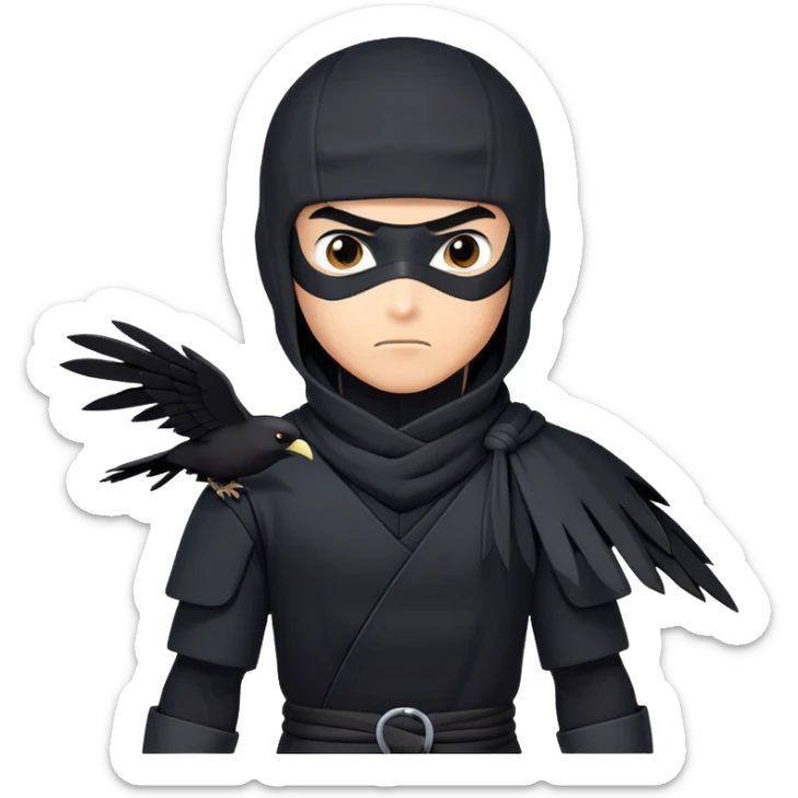 clash-of-clans-aesthetic_-cinematic-mysterious-male-ninja-portrait-emoji, rendered in a flat, vector-style with minimal shading and bold, simplified shapes, with a head slightly turned revealing intense, focused eyes. the ninja has his arm out and perched on top of his forearm is  a  giant black crow sticker