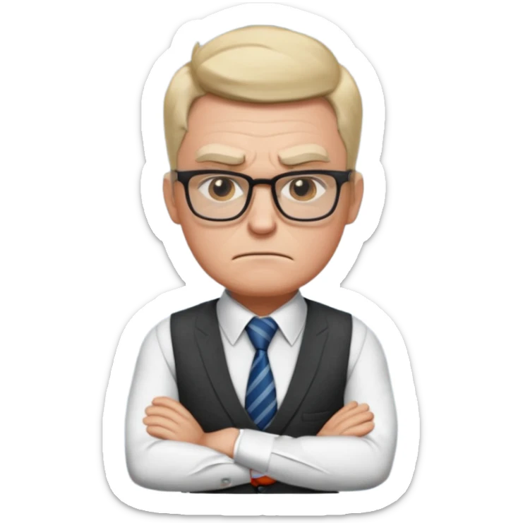 Frowns with Glasses, Strict Teacher: Man with square glasses, vest and tie, arms crossed, angry face

 sticker
