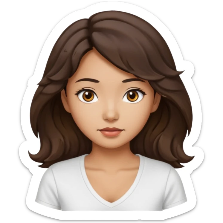 iOS style emoji. A girl with very long dark brown wavy hair. And the eyes color is dark brown. And she is wearing white t shirt with V kneck. And she is 30. She is Asian with double eyelids  sticker