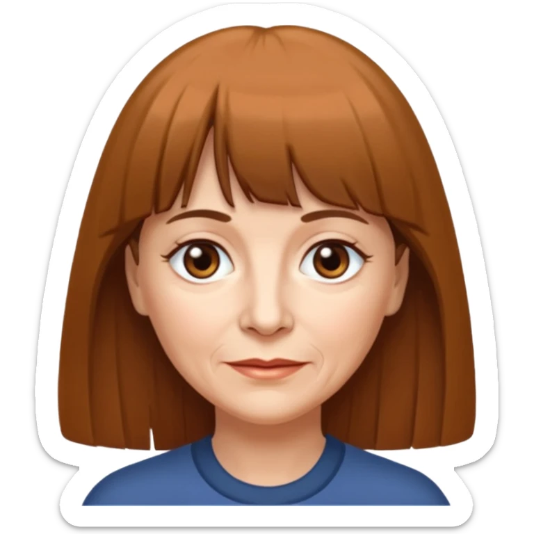 60 yr old woman, very small brown eyes, long straight brown hair, bangs,  sticker