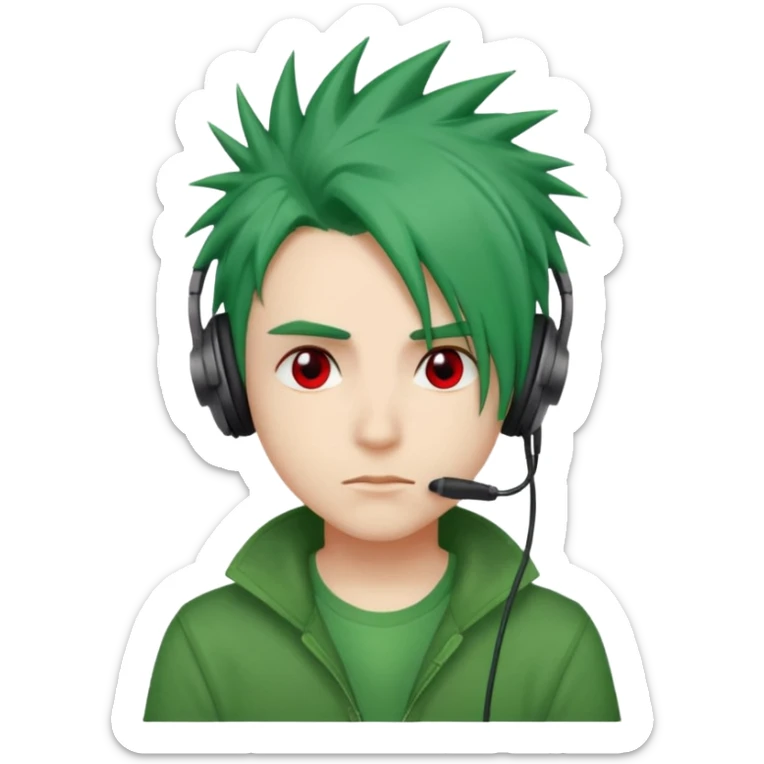 chico pelo medio largo ojos rojos y una camisa verde pelo tipo spike y unos audifonos sticker