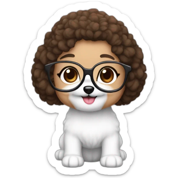 woman-white skin-brown hair-black-with glasses bichon dog-white-smile-christmas sticker