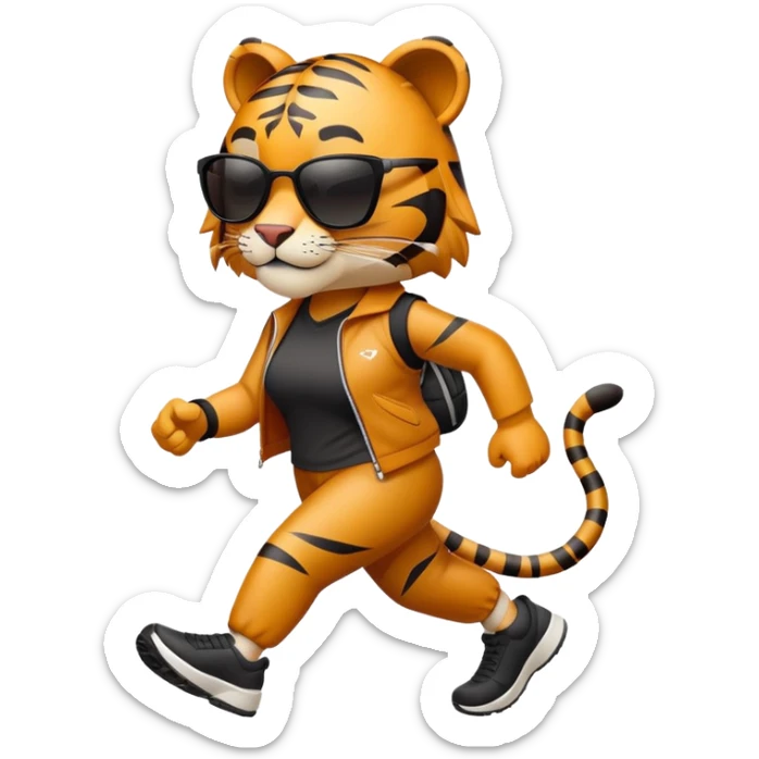 female energetic anthropomorphised tiger in sports clothes, wearing dark sunglasses, walking upright sticker