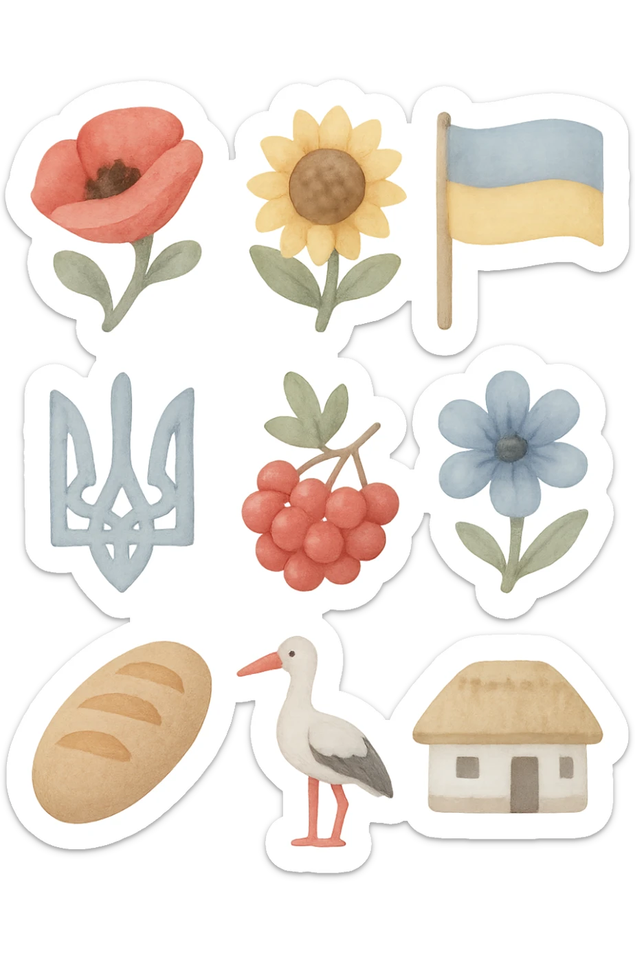 3D icon set in watercolor illustration style: poppy, sunflower, Ukrainian flag, trident, viburnum, cornflower, bread, stork, Ukrainian house. 2x3 grid, transparent background, artistic brush strokes, pastel colors, light graininess, uneven edges, handmade effect, camera angle 25°. sticker