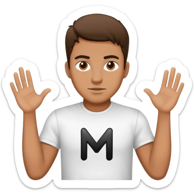 A surprise man wearing a white t-shirt with a big black M on the t-shirt  sticker