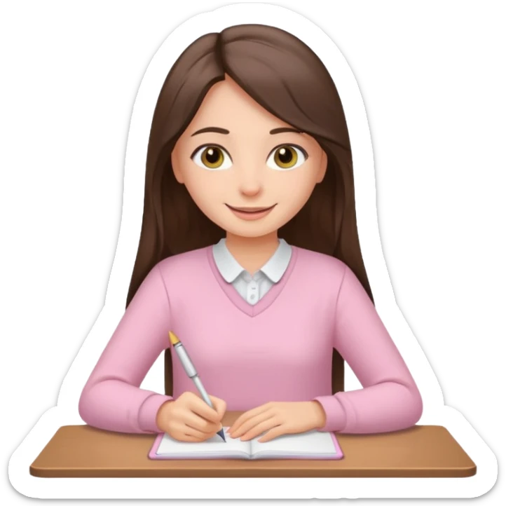 smiling long brunette hair girl hazel eyes wearing light pink clothes writing sticker