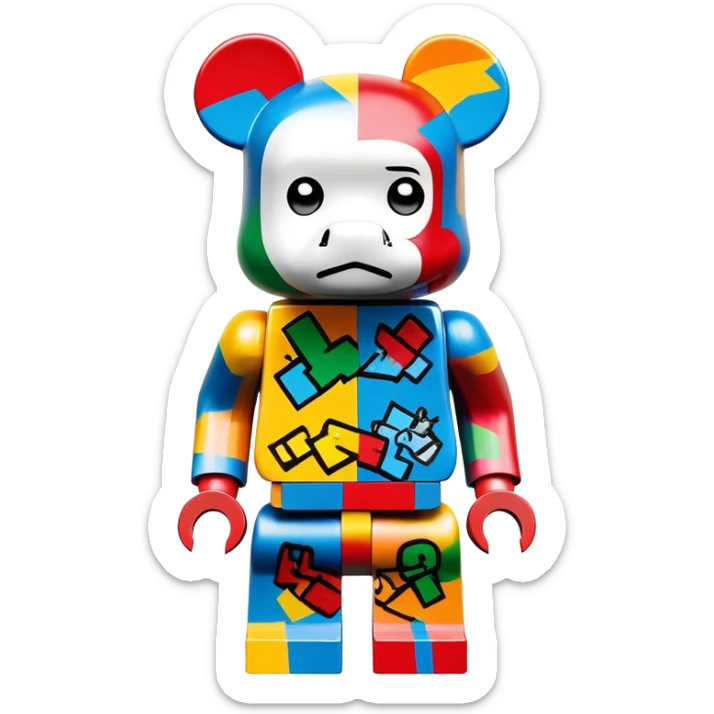 Lego bearbrick covered in colorful graffiti art, X symbols for eyes, blocky Lego aesthetic, spray paint style sticker