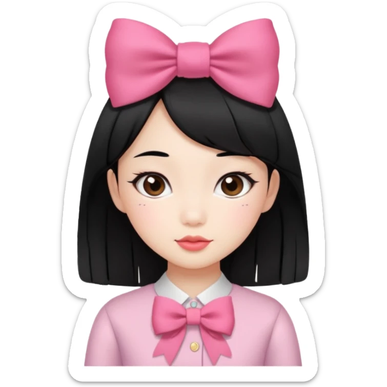 Asian girl with straight black hair and coquette bow on hair sticker