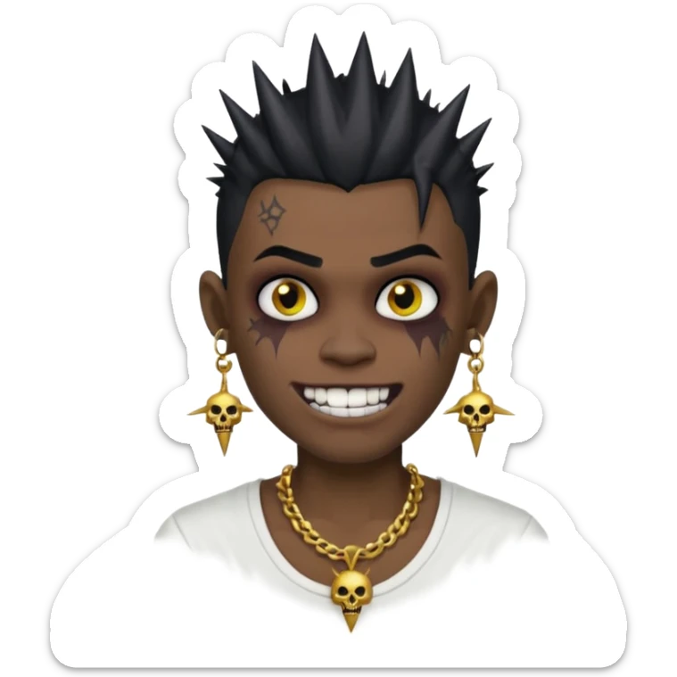 zombie boy with spiky emo black hair and white shirt , tattos, a risk on the eyebrow, earings,  a necklace emoji, with gold grills in his mouth and he’s smiling, change skin color to darkskin sticker
