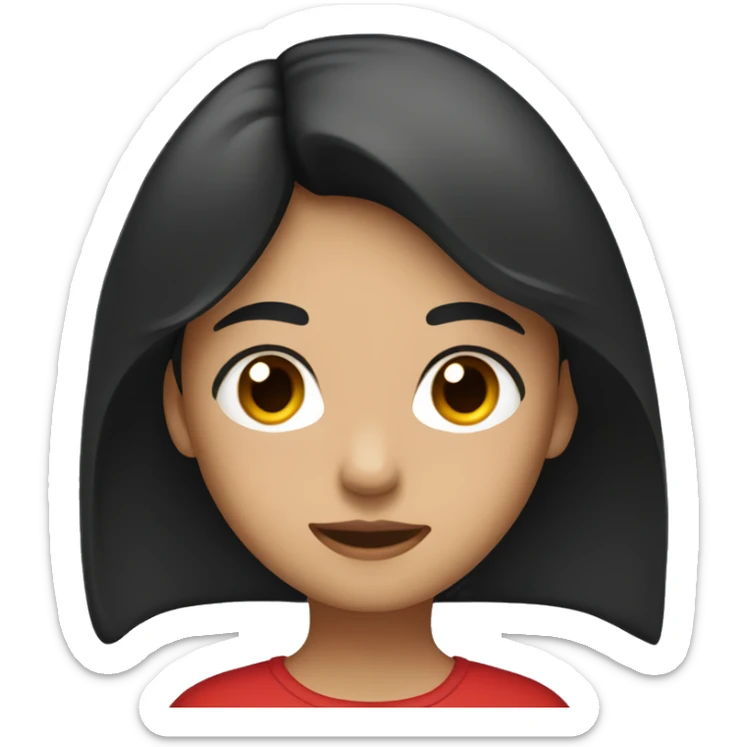 Girl with black long hair, small eyes, red shirt and a black skirt sticker