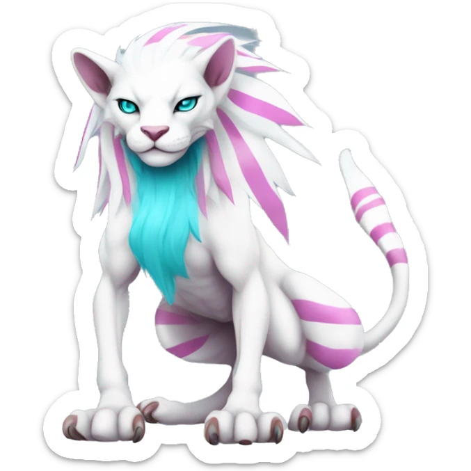 White elegant beautiful natural cute badass epic anthro modern albino vernid-Fakémon with cyan mane and magenta eyes with cyan edgy stripes, full body sticker