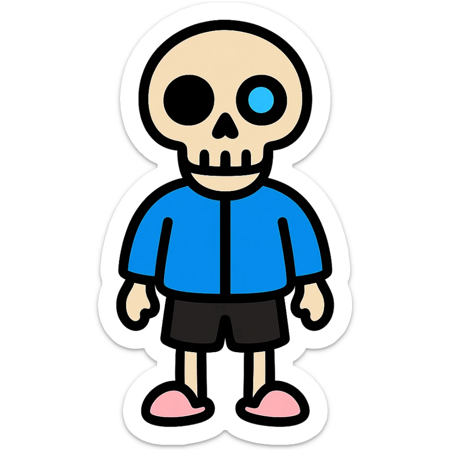 color outline icon of short skeleton with blue jacket, black basketball shorts, light pink slippers, blue glowing left eye sticker