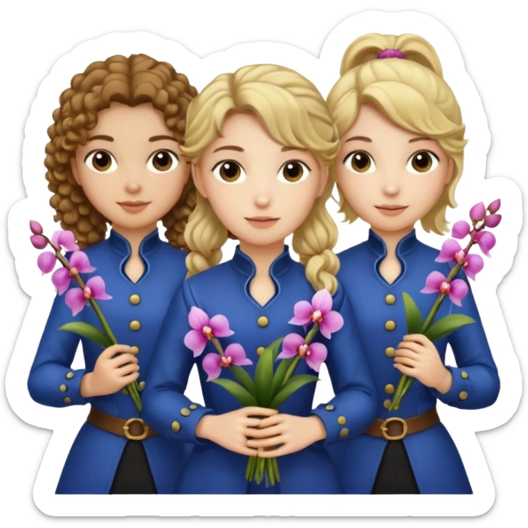 3 female musketeers, one with brown curly hair, one with straight blond hair, one with blond hair in pony tail, all holding orchids sticker
