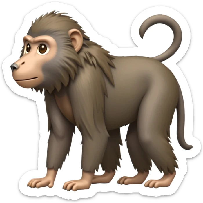 cinematic-hairy top half baboon-full-body-standing on all fours-emoji,-head-tilted-dramatically,-thick-grey-and-brown-fur,-simplified-yet-realistic-focused-features,-highly-detailed,-glowing-with-an-almost-sarcastic-glow expressive eyes, hairy mane sticker