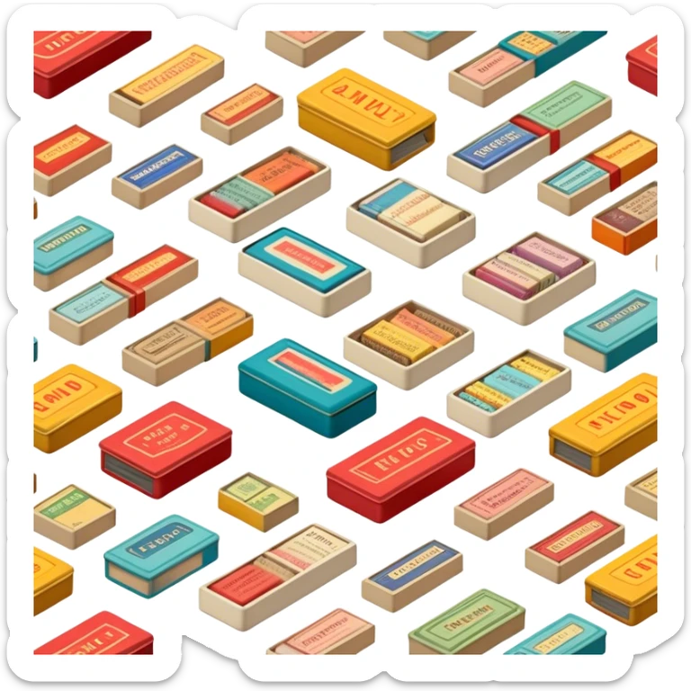 Icon for Matchbox Collecting: a collection of vintage and colorful matchboxes from different places, neatly displayed in a row or in a display case. The icon should reflect the uniqueness and diversity of matchbox collecting. Transparent background. sticker