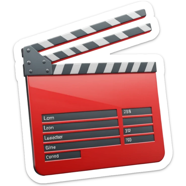 Glossy bright red clapperboard in the classic style of Apple icons: the top bar is tilted up-left, the body and bar with a deep glossy glare, dark gray edging, black background inside, perfectly square with rounded corners. sticker