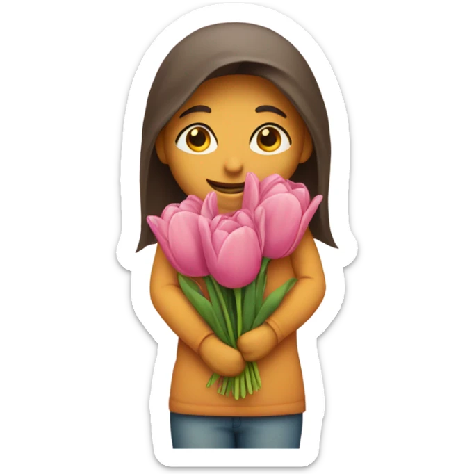 Shy emoji holding tulips to give to other person sticker