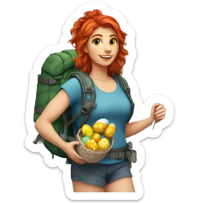 Greek flag background Female mountain climber red hair climbing with Greek flag on backpack and holding Easter eggs basket sticker